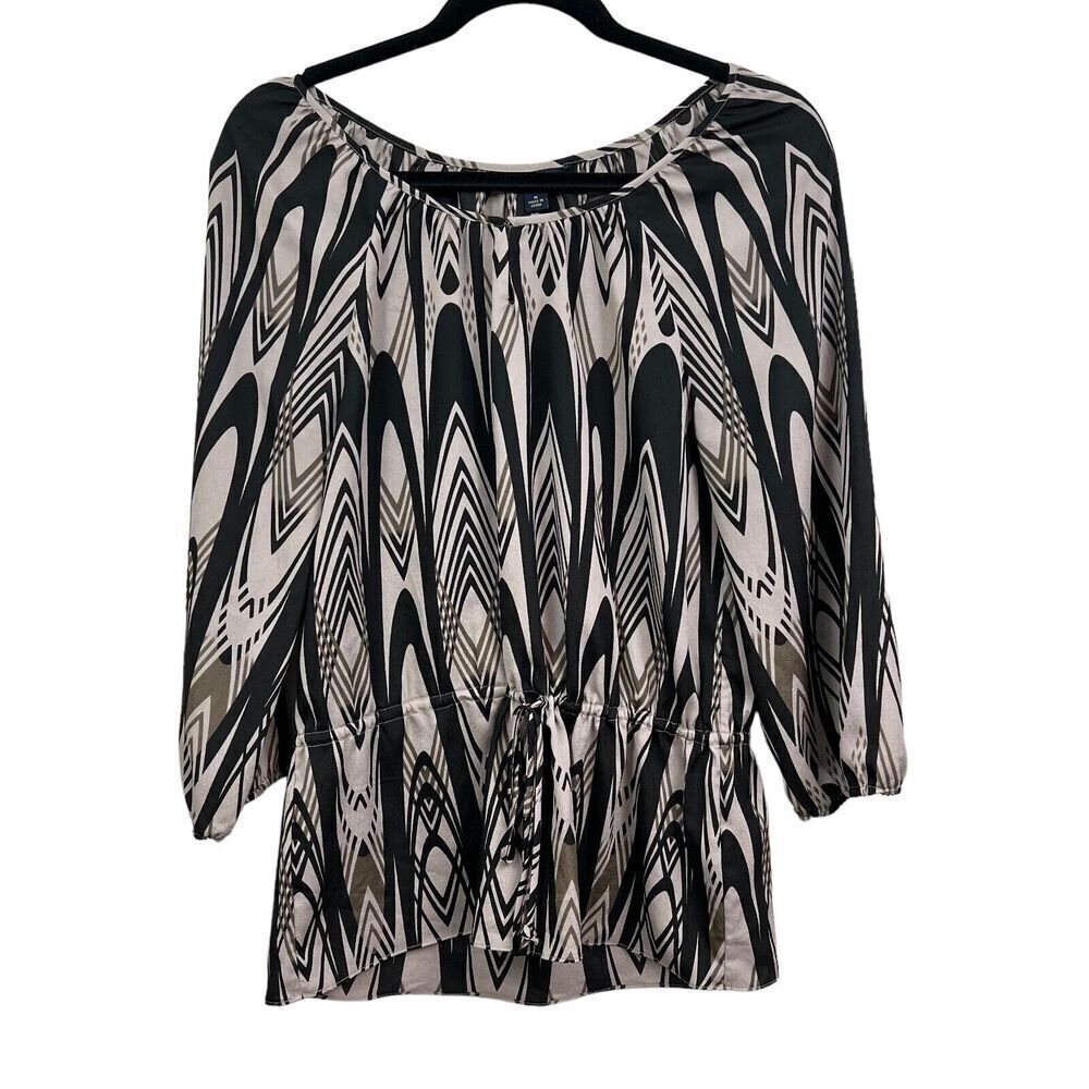 Banana Republic Blouse Keyhole Neck Tie Waist Peasant Sleeve Taupe Black WomenM*